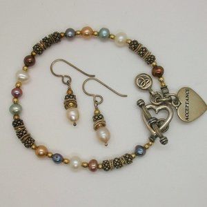 Multi Color Freshwater Pearl Beads Heart Charm Toggle Bracelet Matching Earrings